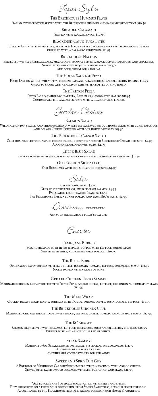 The Brickhouse Lunch Menu