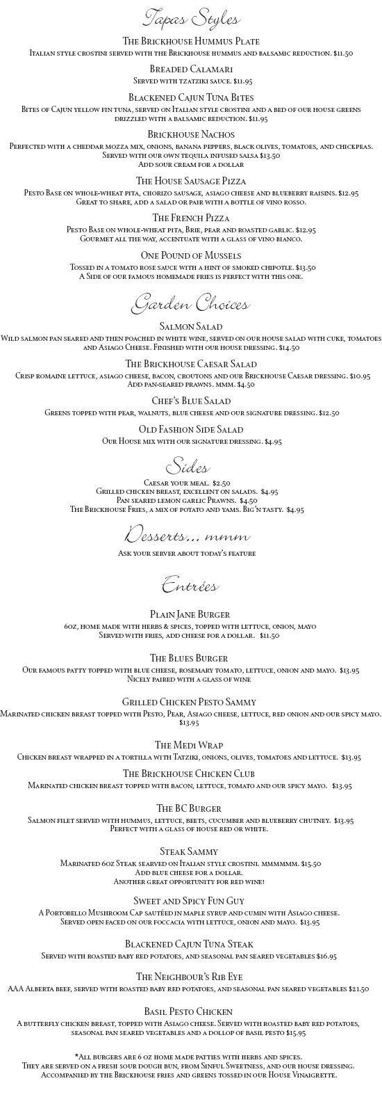 The Brickhouse Dinner Menu